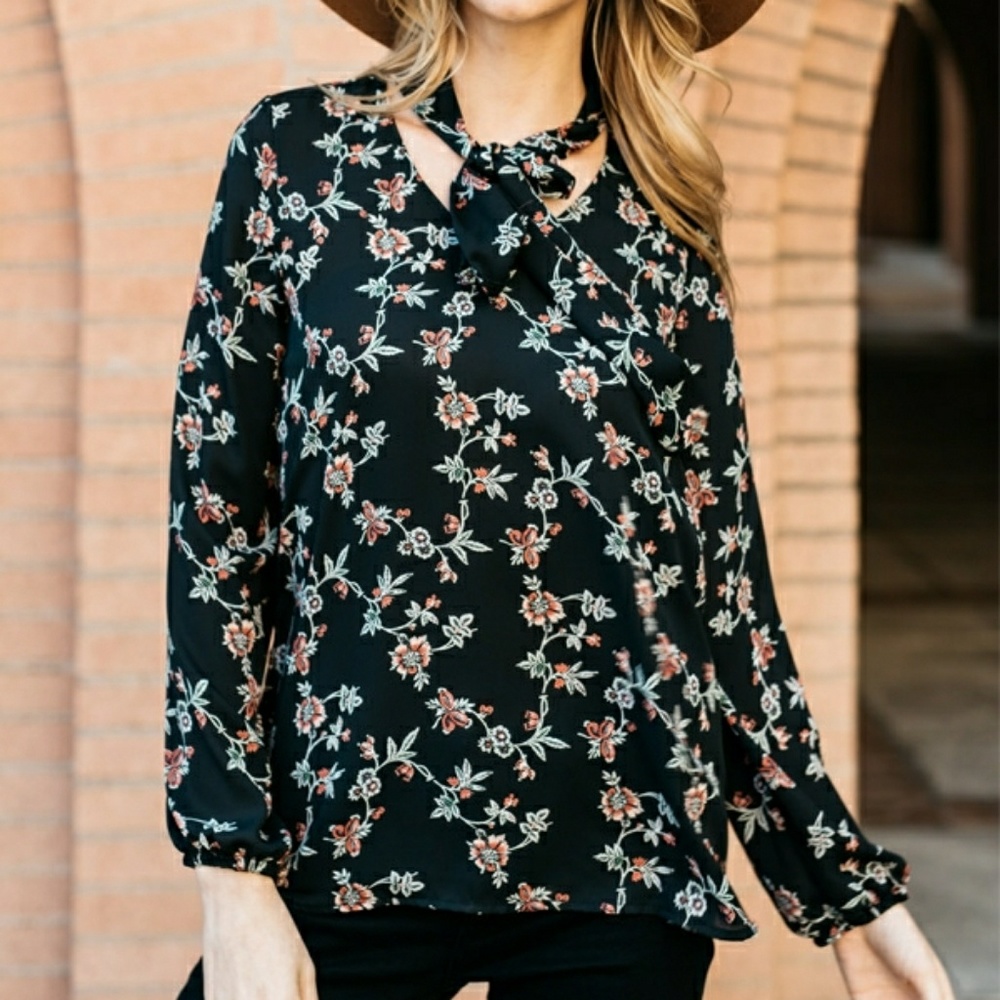 Black Navy Blue Floral Bow Knot Neck Tie Blouse - Picture 2 of 5
